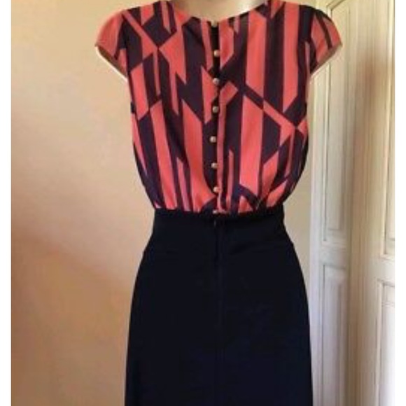 MNG by Mango Geometric Navy/Coral Cap sleeve Key hole Front Sheath Dress Small - Picture 6 of 16